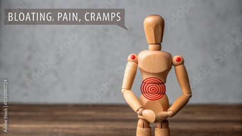 Gut Health and IBS Symptoms – Digestive Wellness Concept, A wooden mannequin figure curled up while holding its belly, depicted in a striking red color.