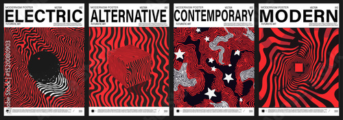 Modern vector posters feature bold, hypnotic line art in black and red, with 3D shapes and movement. The style is Y2K-pop art fusion, reflecting current popular retro-futuristic trends.