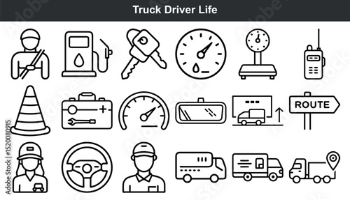 Truck driver life icons set transportation logistics delivery