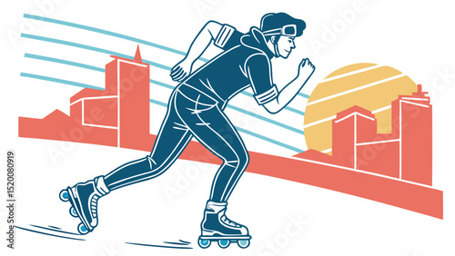 Roller skating in the city illustration for fitness and recreation with retro style and urban background