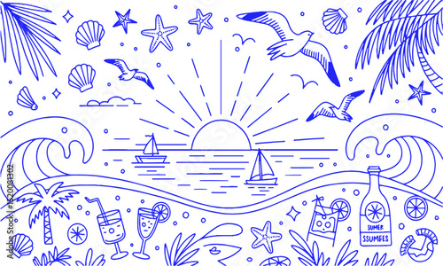 Vector illustration inspired by a hand-drawn beach and summer theme. emulate the playful, loose sketch style with fluid, slightly irregular strokes resembling marker or ink pen lines, easily editable 