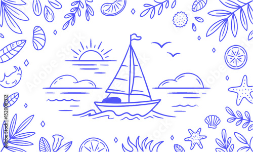Vector illustration inspired by a hand-drawn beach and summer theme. emulate the playful, loose sketch style with fluid, slightly irregular strokes resembling marker or ink pen lines, easily editable 