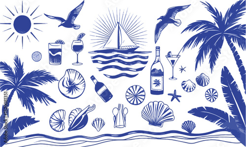 Vector illustration inspired by a hand-drawn beach and summer theme. emulate the playful, loose sketch style with fluid, slightly irregular strokes resembling marker or ink pen lines, easily editable 