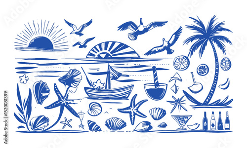 Vector illustration inspired by a hand-drawn beach and summer theme. emulate the playful, loose sketch style with fluid, slightly irregular strokes resembling marker or ink pen lines, easily editable 