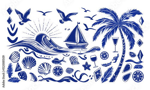 Vector illustration inspired by a hand-drawn beach and summer theme. emulate the playful, loose sketch style with fluid, slightly irregular strokes resembling marker or ink pen lines, easily editable 