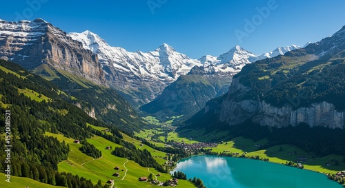 Swiss Alps mountain range with snowy peaks, lush green forest valleys and meadows, scenic countryside landscape, clear sky, ideal for travel wallpaper or Switzerland destination design