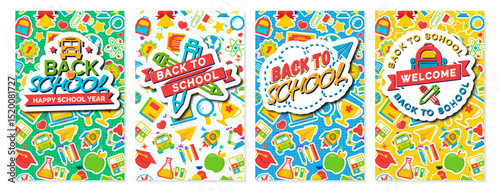 Back to school poster collection trendy typography on school supplies background cartoon style for poster, post social media. Vector 10 eps