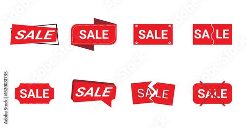 Dynamic Red Sale Banners and Labels. This versatile set features various bold red graphic elements for promotions and discounts.