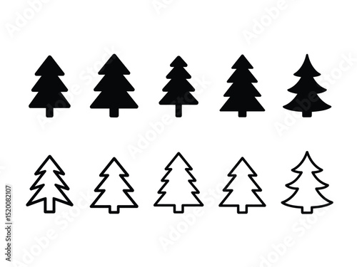 Collection of Black and Outlined Evergreen Trees Vector on Transparent Background