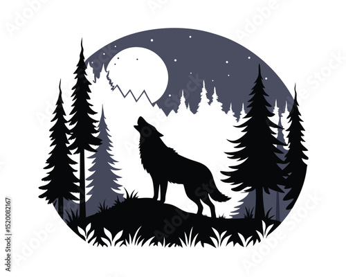Silhouette of Howling Wolf in Moonlit Forest