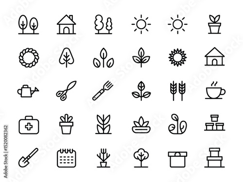 Garden Outline Icons Featuring Plants, Tools, Home on a Transparent Background