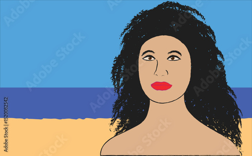 Beautiful brunette young woman on sunny blue sea sand beach, vector illustration in cartoon or comics style