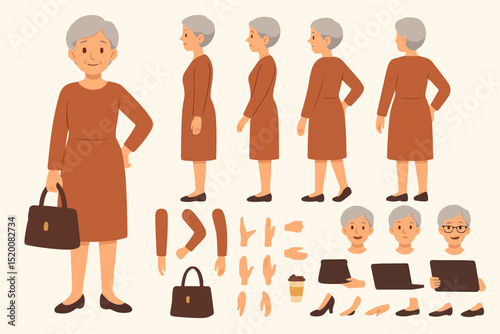 Casual middle aged woman wearing dress. Character constructor for animation. Front, side and back view set. Body parts, postures, poses collection. Vector illustration