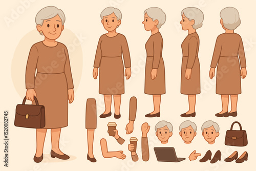 Casual middle aged woman wearing dress. Character constructor for animation. Front, side and back view set. Body parts, postures, poses collection. Vector illustration