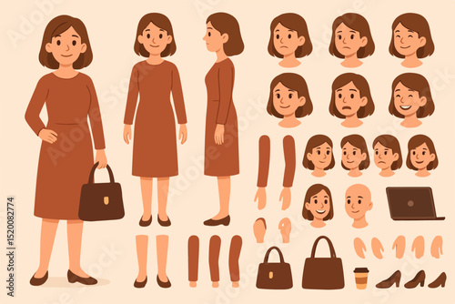 Casual middle aged woman wearing dress. Character constructor for animation. Front, side and back view set. Body parts, postures, poses collection. Vector illustration