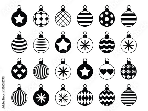 Set of Black and White Christmas Balls with Patterns on Transparent Background