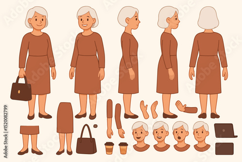 Casual middle aged woman wearing dress. Character constructor for animation. Front, side and back view set. Body parts, postures, poses collection. Vector illustration