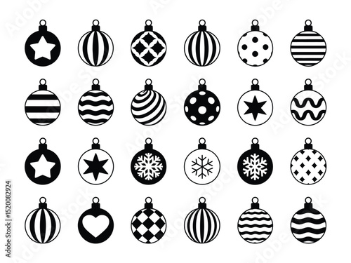 Set of TwentyFour Christmas Balls Icons with Star, Snowflakes, Stripes on White