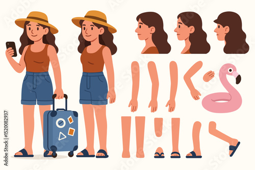 Girl wearing summer clothes holding baggage. Character constructor for animation. Front, side and back view set. Body parts, postures, poses collection. Vector illustration