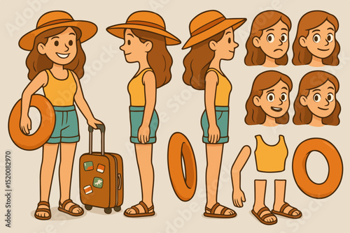 Girl wearing summer clothes holding baggage. Character constructor for animation. Front, side and back view set. Body parts, postures, poses collection. Vector illustration