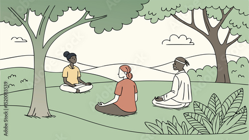 Group meditation outdoors in nature mindfulness practice for stress relief and wellness illustration art