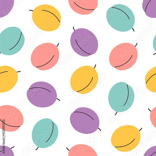 Seamless pattern with cute colorful plums. Design for banner, wallpaper, textile, wrapping paper, background, cards. Vector illustration in flat style