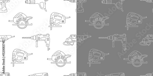 Two doodle seamless patterns of hand drawn power tools including jigsaws, drills, circular saws, and sanders. Black and white outline vector design perfect for fabric on white and grey background