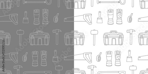Set of seamless patterns with hand drawn construction tools like hammers, saws, gloves, paint scrapers, and tool boxes. Black and white outline vector illustrations on gray and white backgrounds