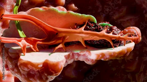 Pancreatic illness, digestive gland, Human pancreas cancer anatomy diagram, medically accurate, malignant tumor growing and spreading, mutating cells, metastasis cancerous, 3d render