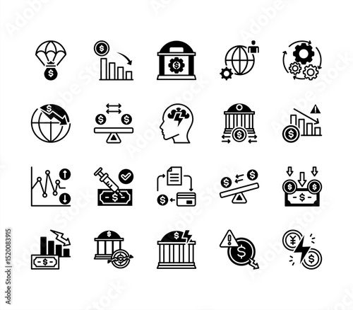 Economy Crisis icon collection set. Containing depressions, economic downturn, financial meltdown, stock marker cash, recession, credit crunch, default, trade war icon. Simple line vector.
