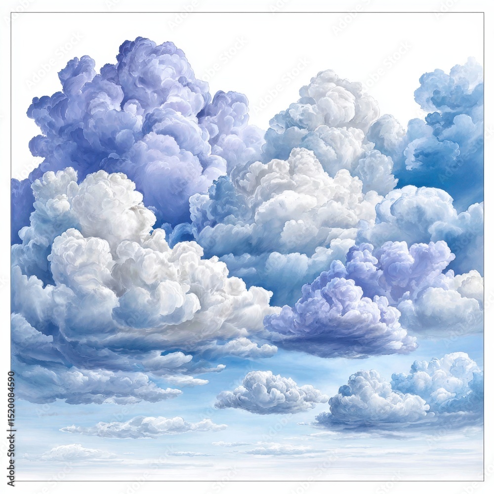 Naklejka premium Beautiful serene cloudscape features puffy white and blue cumulus clouds.