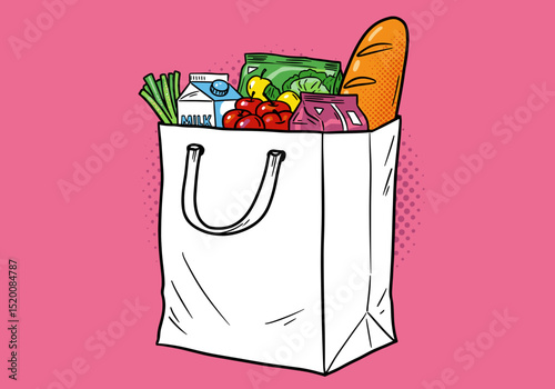 Grocery bag filled with fresh food items on pink background  
