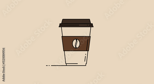 Coffee cup with brown lid and sleeve on beige background  