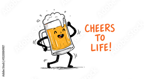 Cartoon beer mug dancing happily with text about celebrating life  