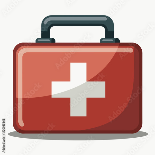 Red first aid kit with white cross symbol on a neutral background  