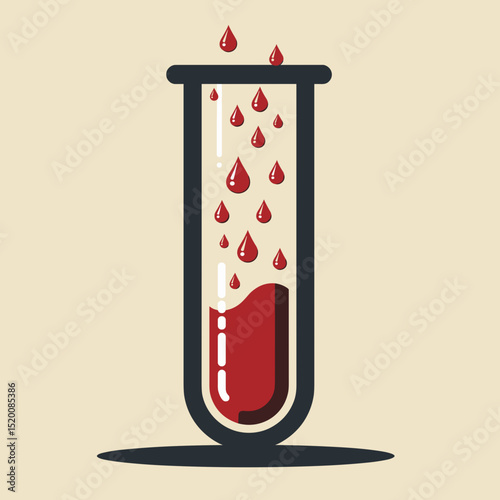 Test tube filled with red liquid and droplets on a beige background  