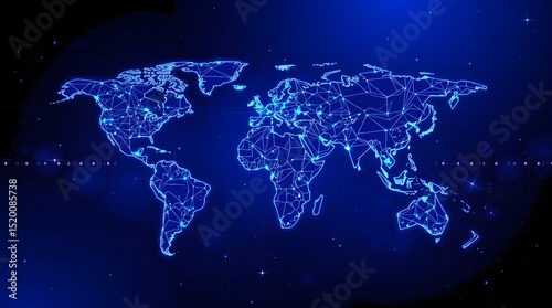 Stylized digital world map with tech lines and glowing points. Great for tech, global business, communication, data or internet themes.