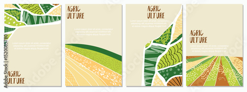 Agriculture field art, aerial view cards set. Countryside grassland, farm land, background  background. Flat Hand drawn vector art.