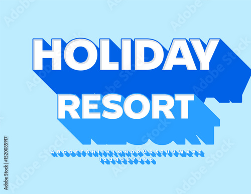 Vector Travel flyer Holiday Resort. 3D White Font with Big Blue Shadow. Bright Uppercase Alphabet Letters and Numbers set.