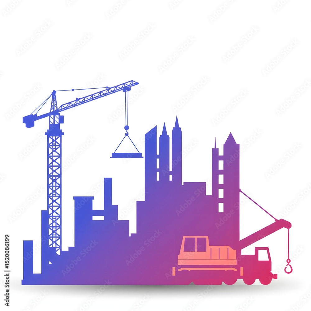Obraz premium Construction Site with Crane and Buildings Silhouette