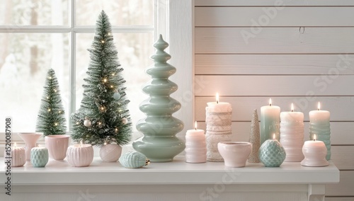 Elegant Christmas arrangement with miniature trees, candles and ornaments on mantelpiece