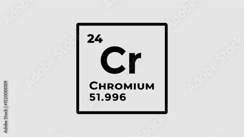 Chromium, chemical element of the periodic table graphic animation. Alpha channel. Transparent background motion design. 4K resolution