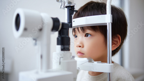 japanese kid patient 6 years old getting an eye test with an optometrist, clean modern equipment, focus on patient expression
