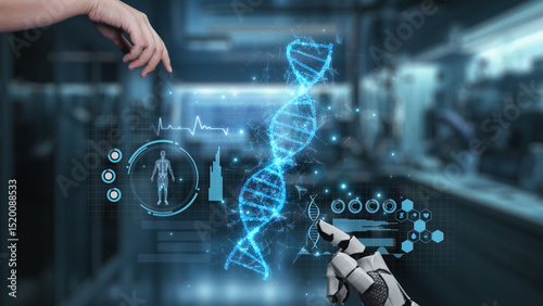 Bilde på lerret Robot and human reaching hand and pointing finger with DNA holographic floating