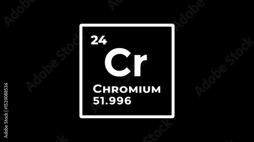 Chromium, chemical element of the periodic table graphic animation. Alpha channel. Transparent background motion design. 4K resolution