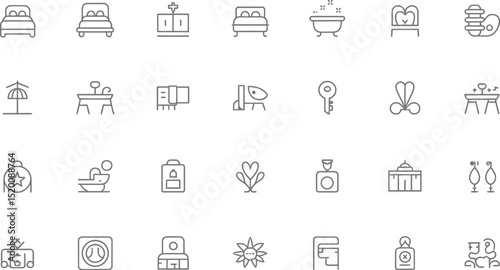 A collection of minimalist line art icons representing various objects and concepts on a white background