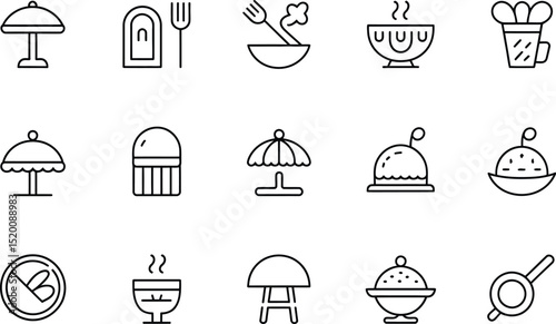 A collection of fifteen food related line icons displayed in three rows on a white background