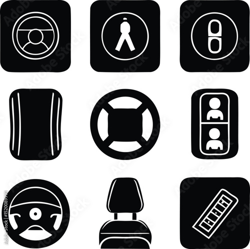 Black Silhouette Set of Vehicle and Transport Icons Including Steering Wheel and Signs