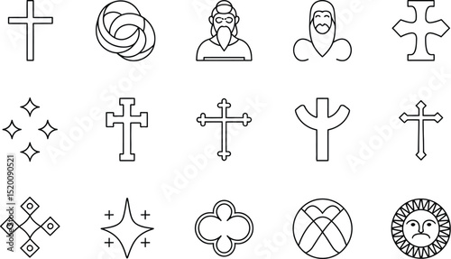 Collection of various religious and spiritual symbols depicted as line art on a white background