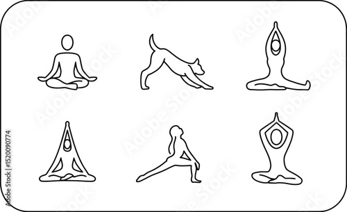 A collection of yoga poses and a dog stretching in black and white line art on a white background